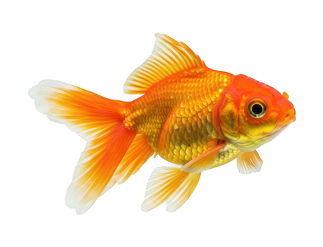 Bright orange goldfish with flowing fins swims against a black background.