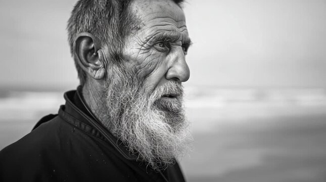 Black and white portrait of an old fisherman by the shore, his textured face and deep eye contact revealing a lifetime of experience and quiet strength.
