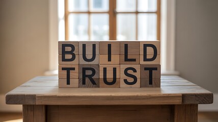Wooden blocks spell out build trust on a table