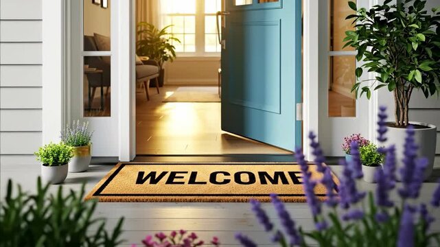 Front door with a welcome doormat slowly opening to reveal a bright and sunny home interior, inviting footage.