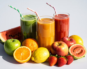 Invigorating fruit smoothies and fresh produce for a healthy summer lifestyle, perfect for wellness blogs, vibrant recipes, and healthy eating promotions