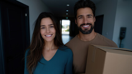 Happy couple receiving a package in a modern hallway
