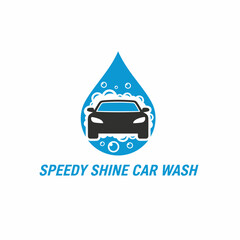 Car wash logo with a black car inside a blue water drop shape. Bubbles and text at the bottom