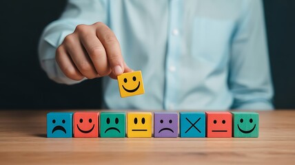 Person selects a happy face emoji block from a row of emotion blocks