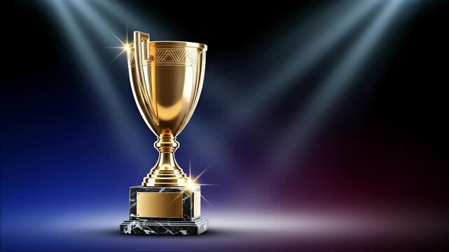 Golden trophy cup rotating on a marble base with spotlight effects. Winner award, competition prize, triumph concept animation.