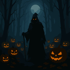 Dark Hooded Figure with Glowing Pumpkins in Spooky Halloween Forest under Full Moon