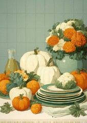 still life with vegetables  and fruits white orange pumpkin gourds cauliflower flowers oil plates blue green card invitation holiday backdrop