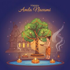 Man holding diyas near decorated tree and temple for Amla Navami lamps fire