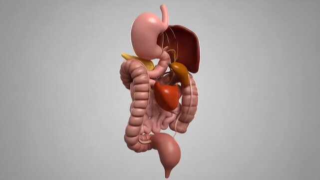 3D model of human digestive system, showing stomach, liver, intestines, and gallbladder