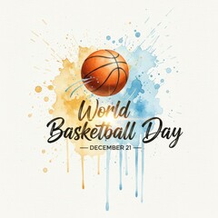 Orange basketball with watercolor splashes and World Basketball Day text sport game