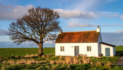Obraz premium Picturesque cottage nestled beside a majestic tree under a cloudy sky.