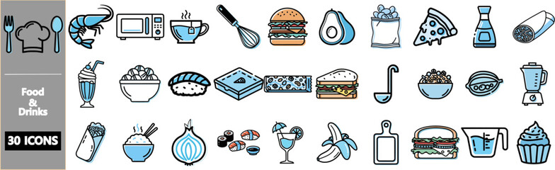 A collection of food and drink icons in a blue and gray color scheme.