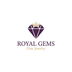 Obraz premium A regal logo with a geometric purple gem, a gold crown, and text below on a white background