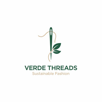 A logo illustrating sustainable fashion, showing a needle with thread and leaves. Color palette is green and tan