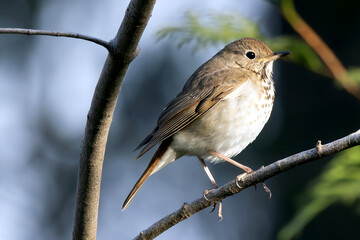 Hermit Thrush Catharus guttatus perched on a small branch