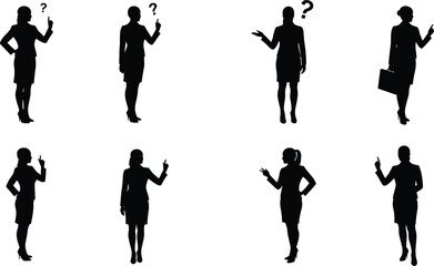 Businesswoman silhouette confusion concept, professional women decision making uncertainty, corporate female thinking poses, question mark doubt, business challenge illustration vector