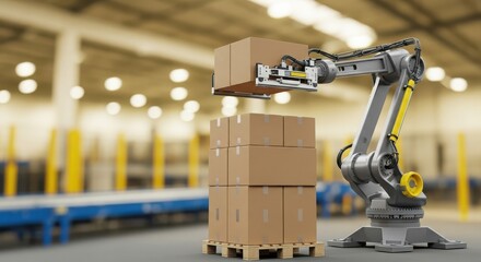 Automated robotic arm lifting and stacking cardboard boxes in a warehouse, illustrating modern logistics and supply chain management