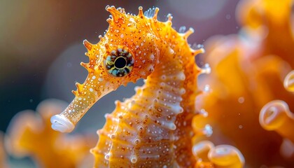 Close-up of a vibrant orange seahorse in its natural underwater habitat.