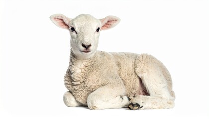 Fototapeta premium Adorable Lamb Resting Peacefully on White Background.