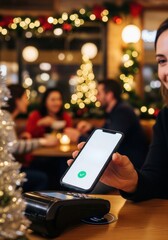 Woman making contactless payment with phone during Christmas.