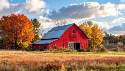 Obraz premium Rustic Red Barn in Autumn Landscape with Colorful Trees and Cloudy Sky.