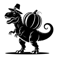 Thanksgiving T-Rex Dinosaur in Pilgrim Hat with Pumpkin for Autumn Holiday
