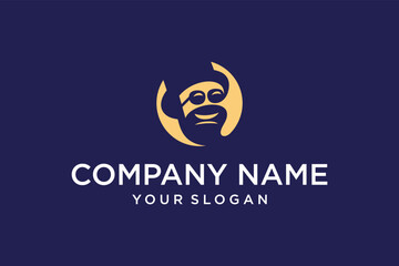 Abstract Golden Monkey Head Logo Design with Glasses on Dark Blue Background