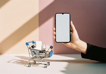 Woman online shopping for cosmetics with smartphone mockup