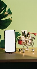 Online cosmetics shopping with smartphone mockup and mini shopping cart