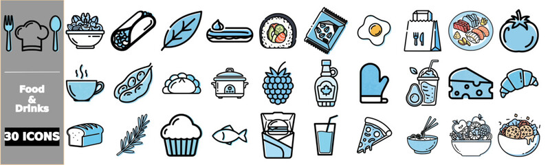 A collection of 30 food and drinks icons, including various dishes, ingredients, and kitchenware, presented in a clean, modern style with blue accents.