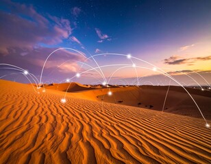 Desert Connectivity: A vivid depiction of a vast desert landscape, interwoven with luminous digital pathways, illustrating the essence of global communication and technological advancement.