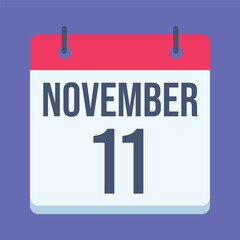 11 November Veterans Day Calendar. Blue Background. Isolated Vector Calendar.