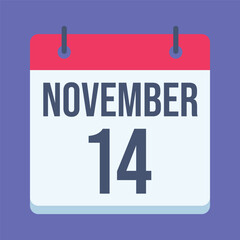 14 November World Diabetes and Children’s Day Calendar. Blue Background. Isolated Vector Calendar.