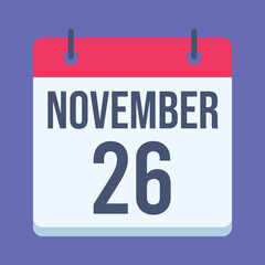 26 November Calendar. Blue Background. Isolated Vector Calendar.