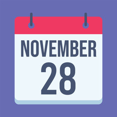 28 November Calendar. Blue Background. Isolated Vector Calendar.