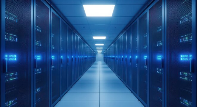 Server room with modern equipment and blue lights in data center for cloud computing and information technology infrastructure