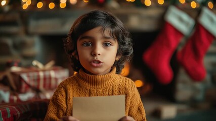 child putting envelope with letter "dear santa" into mailbox, winter background with snow, cozy clothes, magical christmas feeling