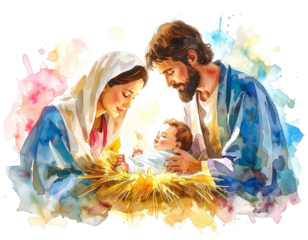  Watercolor Nativity Scene with Mary, Joseph, and Baby Jesus, isolated on a transparent background