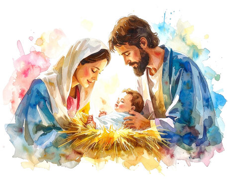 Watercolor Nativity Scene with Mary, Joseph, and Baby Jesus, isolated on a transparent background