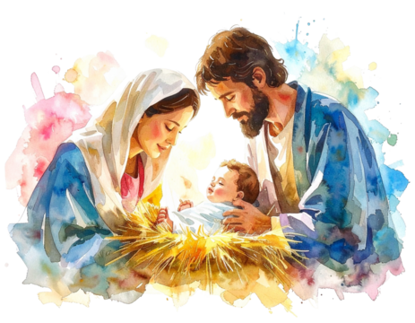  Watercolor Nativity Scene with Mary, Joseph, and Baby Jesus, isolated on a transparent background