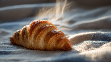 Hyperrealistic close-up of steam escaping from a warm pastry under backlight, capturing freshness, aroma, and delicious texture in a cozy food photography style.
