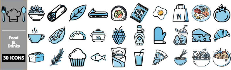 A collection of 30 food and drink icons, featuring various culinary items, kitchen utensils, and beverages in a minimalist blue and black line art style.