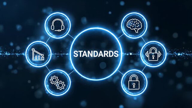 A digital technology concept illustrating business standards with interconnected glowing icons for quality control, security, and process optimization