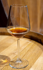 Visit of wine cellar with old large oak barrels, glass of fortified dry or sweet tasty marsala wine from barrels in Marsala, Sicily, Italy