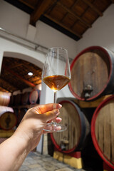 Visit of wine cellar with old large oak barrels, glass of fortified dry or sweet tasty marsala wine from barrels in Marsala, Sicily, Italy