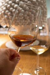 Visit of wine cellar with old large oak barrels, tasting of fortified dry or sweet tasty marsala wine in Marsala, Sicily, Italy