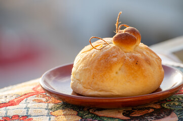 Fresh baked bread in burrata cheese shape filled with tomatoes, vegetables, parmaham and cheese,...
