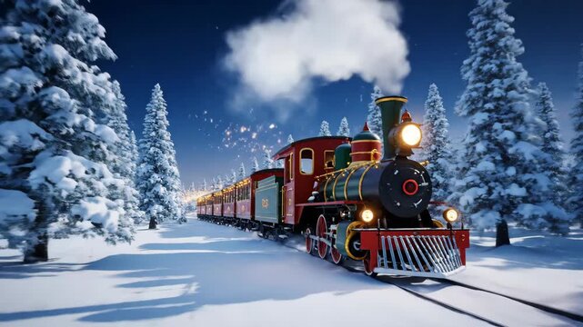 Retro christmas train on snowy tracks with bright stars at night. Winter wonderland holiday journey with steam and festive lights.