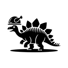 Playful Stegosaurus dinosaur illustration carrying a roasted turkey on its back, a unique graphic for prehistoric themed holiday feasts