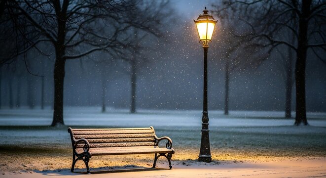 Snowy park bench illuminated by a vintage lamp post at dusk